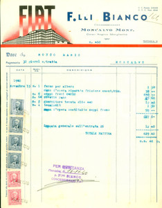 Documento originale, autentico 1940 MONCALVO AT Fratelli BIANCO Concessionari FIAT Fattura ILLUSTRATA 1