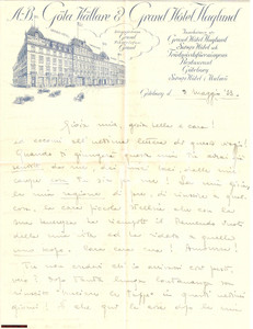 Manoscritto, lettera originale 1933 GOTEBORG Grand Hotel HAGLUND Intestazione ANIMATA 1