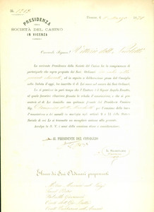 Documento originale, autentico 1871 VICENZA Vittorio NICOLETTI nuovo membro SOCIETA  DEL CASINO Documento 1