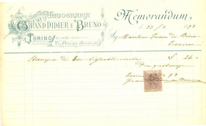 Documento originale, autentico 1893 TORINO Litografia GRAND DIDIER E BRUNO Fattura per biglietti da visita 1