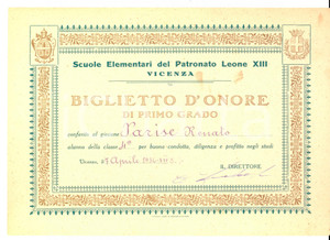 Documento originale, autentico 1936 VICENZA Scuole Patronato Leone XIII  Buona condotta di Renato PARISE 1