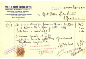 Documento originale, autentico 1938 PORTOGRUARO VE Giuseppe MENARINI Officina elettromeccanica Fattura 1