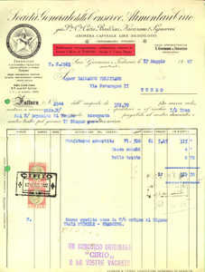 Documento originale, autentico 1927 SAN GIOVANNI A TEDUCCIO NA Conserve alimentari CIRIO Fattura confitures 1
