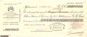 Oggetto da collezione cartaceo 1938 IZAR fabbrica posateria MILANO Via Farini  45 cambiale pubblicitaria 1