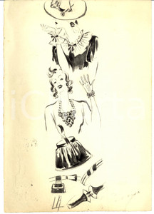 Stampa, bozzetto originale 1939 Moda donna ANNI  30 Accessori invernali stile floreale AUTOGRAFO 1