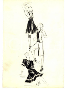Stampa, bozzetto originale 1939 Moda donna ANNI  30 Abiti da giorno stile tirolese Bozzetto AUTOGRAFO 1