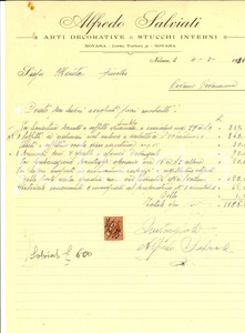 Documento originale, autentico 1935 NOVARA Alfredo SALVIATI Arti decorative e stucchi interni Conto manoscritto 1