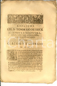 Documento originale, autentico 1668 LIVORNO Difesa del mercante Thomas DETHICK calunniato da James MAN 1