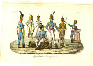 Stampa, bozzetto originale 1830 ca COSTUME EUROPEO Infanteria portoghese Incisione VERICO 1