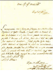 Manoscritto, lettera originale 1772 PISA Giovanni Domenico RICCETTI rischia di fare una grossa minchioneria 1