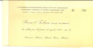 Materiale pubblicitario d’epoca 1960 PALERMO Mondiali PESCA SUBACQUEA Buono d imbarco sulla motonave CARALIS 1
