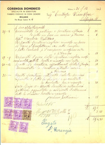 Documento originale, autentico 1943 WW2 MILANO Fabbro Domenico CORENGIA apre appartamenti sfollati VIANSSON 1