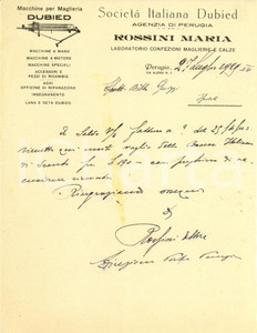 Documento originale, autentico 1929 PERUGIA SocietÃ  Italiana DUBIED  ROSSINI MARIA  Maglieria Fattura 1
