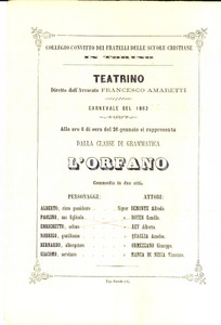Materiale pubblicitario d’epoca 1862 TORINO Collegio San Primitivo Locandina CARNEVALE TEATRO L orfano 1