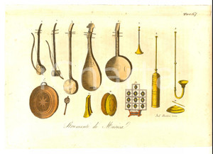 Stampa, bozzetto originale 1830 ca FERRARIO COSTUME ANTICO ASIA Strumenti di musica Inc. BERNIERI tav. 67 1
