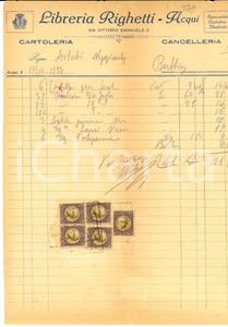 Documento originale, autentico 1937 ACQUI TERME Libreria RIGHETTI cartoleria e cancelleria Fattura intestata 1