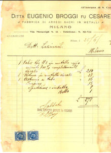 Documento originale, autentico 1937 MILANO Via Meravigli 12 Eugenio BROGGI Arredi sacri in metalli Fattura 1