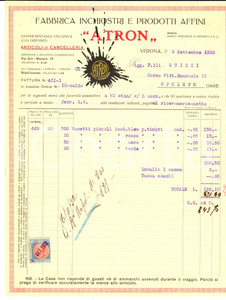 Documento originale, autentico 1922 VERONA Fabbrica Inchiosti ATRON articoli cancelleria Fattura intestata 1