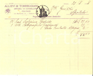 Documento originale, autentico 1918 MILANO Ditta ALLIEVI & TORREGGIANI Articoli di cancelleria Fattura 1