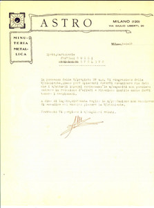 Documento originale, autentico 1929 MILANO Ditta ASTRO Minuteria metallica Lettera commerciale 1