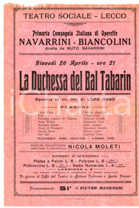 Materiale pubblicitario d’epoca 1923 LECCO TEATRO SOCIALE Compagnia NAVARRINI Duchessa del Bal Tabarin Locandina 1