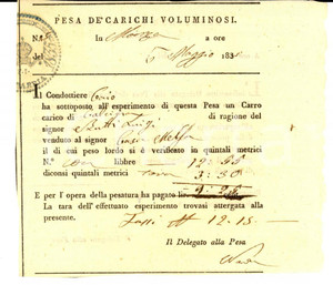 Documento originale, autentico 1835 MONZA Pesa di carichi voluminosi  Carro di calcina Ricevuta 1