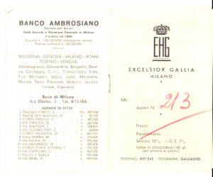Materiale pubblicitario d’epoca 1950 MILANO Hotel EXCELSIOR GALLIA Libretto notes pubblicitÃ  AMBROSIANO 1