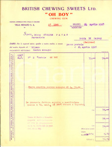 Documento originale, autentico 1928 MILANO British Chewing Sweets OH BOY Fattura commerciale 1