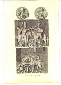 Stampa, bozzetto originale 1830 ca FERRARIO COSTUME ANTICO Abiti di re Sassanidi Inc. Andrea BERNIERI 1