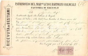 Documento originale, autentico 1890 IMPRUNETA FI Fattoria BAGNOLO Marchese Luigi BARTOLINI BALDELLI Ricevuta 1
