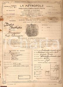Documento originale, autentico 1908 ENDINE GAIANO Polizza LA METROPOLE Battista BOSIO 1