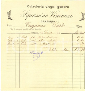 Documento originale, autentico 1912 CAMBIANO TO Vincenzo SQUASSINO calzoleria varia Fattura 1