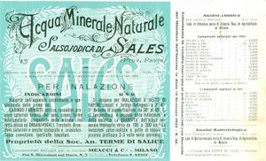 Materiale pubblicitario d’epoca 1922 SALICE TERME PV Acqua minerale salsojodica SALES Etichetta 1