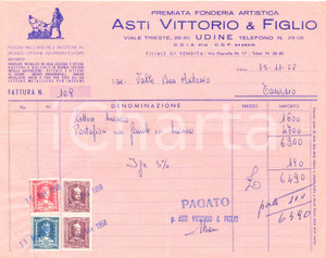 Documento originale, autentico 1958 UDINE Vittorio ASTI & figlio fonderia artistica Fattura ILLUSTRATA 1