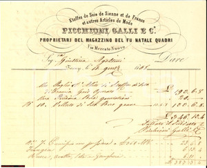 Documento originale, autentico 1858 FIRENZE Sete di Siena e Francia PICCHIONI GALLI  Fattura 1