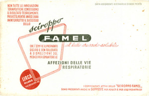 Materiale pubblicitario d’epoca 1950 MILANO Farmaceutica LIRCA Sciroppo FAMEL PubblicitÃ  carta assorbente 1