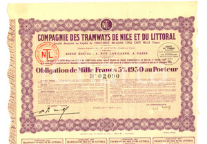 Oggetto da collezione cartaceo 1930 PARIS Azioni COMPAGNIE DES TRAMWAYS DE NICE ET DU LITTORAL 1