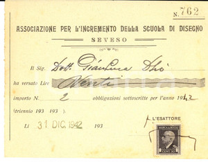 Documento originale, autentico 1942 SEVESO MB Versamento Gianluca DHO a Associazione per Scuola di Disegno 1