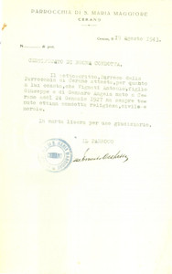 Documento originale, autentico 1943 CERANO Parroco Ernesto OCCHETTA garantisce per Antonio VIGNATI  Autografo 1