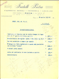 Documento originale, autentico 1937 PAVIA Fabbrica mobili Fratelli PIETRA Preventivo su carta intestata 1