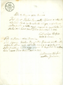 Documento originale, autentico 1831 BRESCIA Pietro BORGHETTI paga frutti su capitale a Caterina TESIO 1