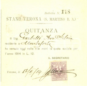 Documento originale, autentico 1914 SAN MARTINO BUON ALBERGO VR Silvia GARBELLI quota per Stand VERONA 1