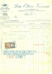 Documento originale, autentico 1939 MILANO Ditta Ettore VEZZONI Fabbrica Pneumatici Fattura DANNEGGIATA 1