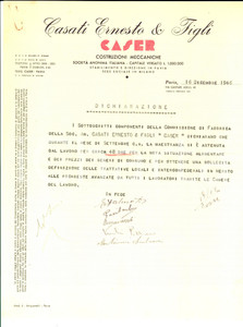 Documento originale, autentico 1946 PAVIA Ernesto CASATI & Figli CASER su astensione delle maestranze 1