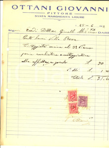Documento originale, autentico 1942 SANTA MARGHERITA LIGURE GE Giovanni OTTANI pittore Conto lavori 1