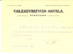 Manoscritto, lettera originale 1950 VIGEVANO PV Calzaturificio AQUILA sulle mansioni di un impiegata Lettera 1