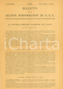 Documento originale, autentico 1918 FRANCE WW2 Bulletin Grand Quartier GÃ©nÃ©ral Offensive Allemande sur l AISNE 1