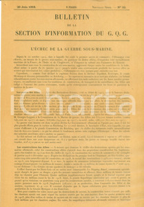 Documento originale, autentico 1918 FRANCE WW2 Bulletin Grand Quartier GÃ©nÃ©ral Echec de la guerre sousmarine 1