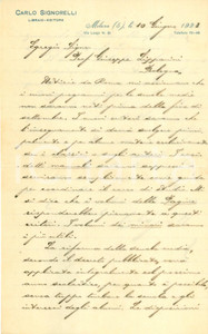 Autografo originale 1923 MILANO Editore Carlo SIGNORELLI si districa nella Riforma GENTILE AUTOGRAFO 1