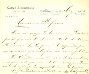 Autografo originale 1917 MILANO Editore Carlo SIGNORELLI consola Giuseppe LIPPARINI Autografo 1